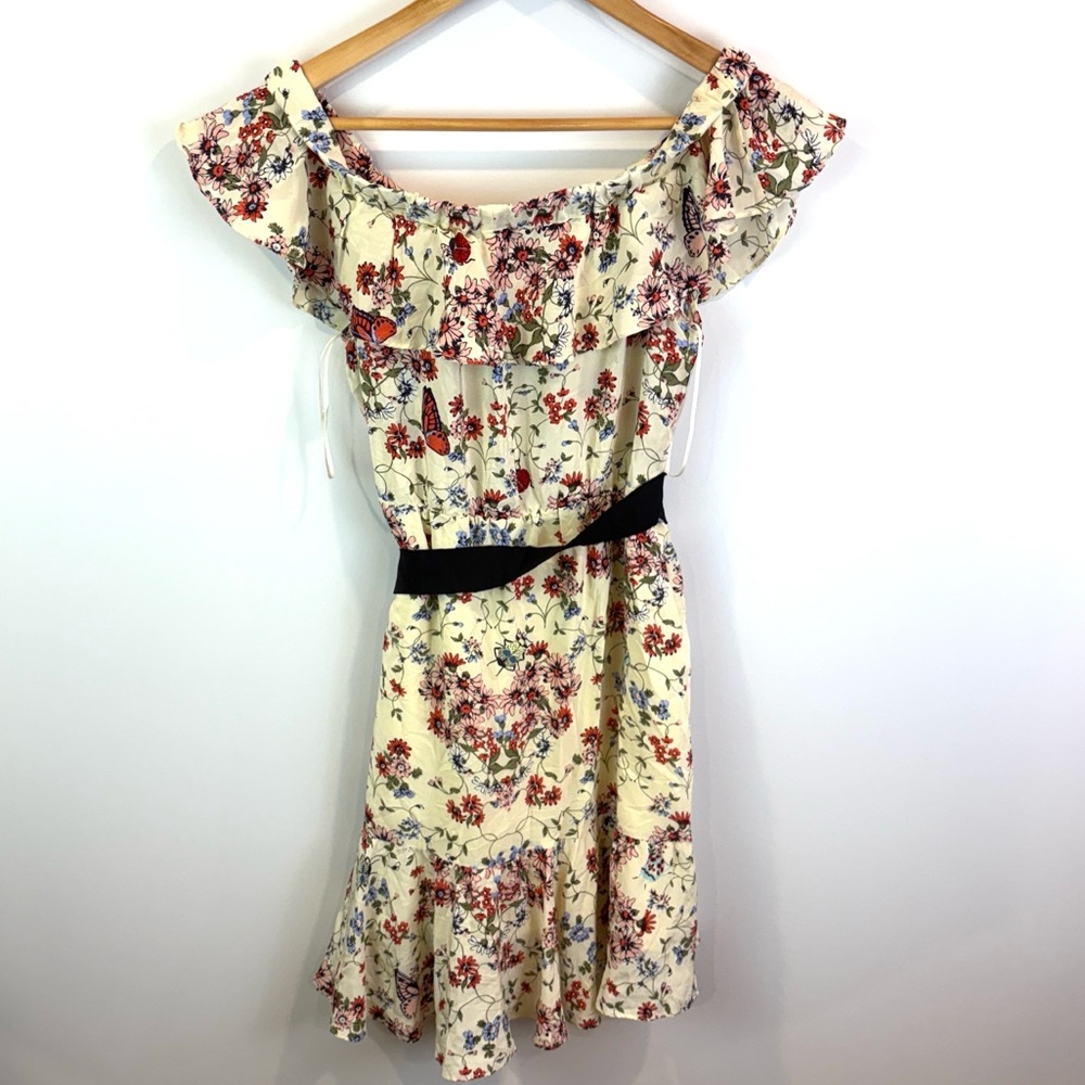 Maje 100% silk Floral Off-Shoulder Dress with Black Belt size 3 ( fits M/L) - Picture 4 of 11
